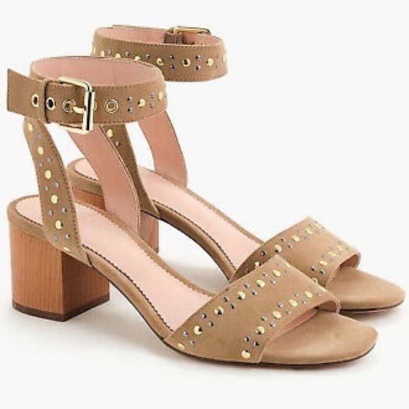 JCREW Penny Studded Sandal Tan Nude Suede Ankle Strap Block Heels Pumps 5.5 - Picture 1 of 9
